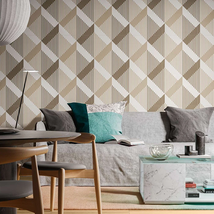 Piastrelle ceramica decorate con motivi geometrici in salotto - Hausfloor